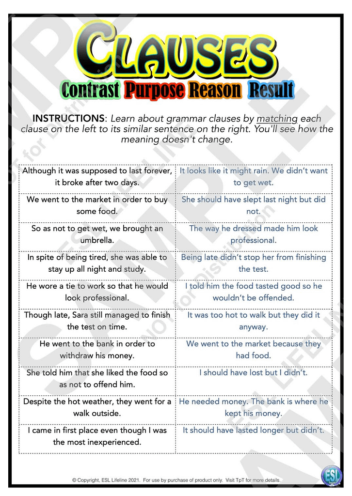 Free handout for practicing clauses of contrast, purpose, reason, and result. 