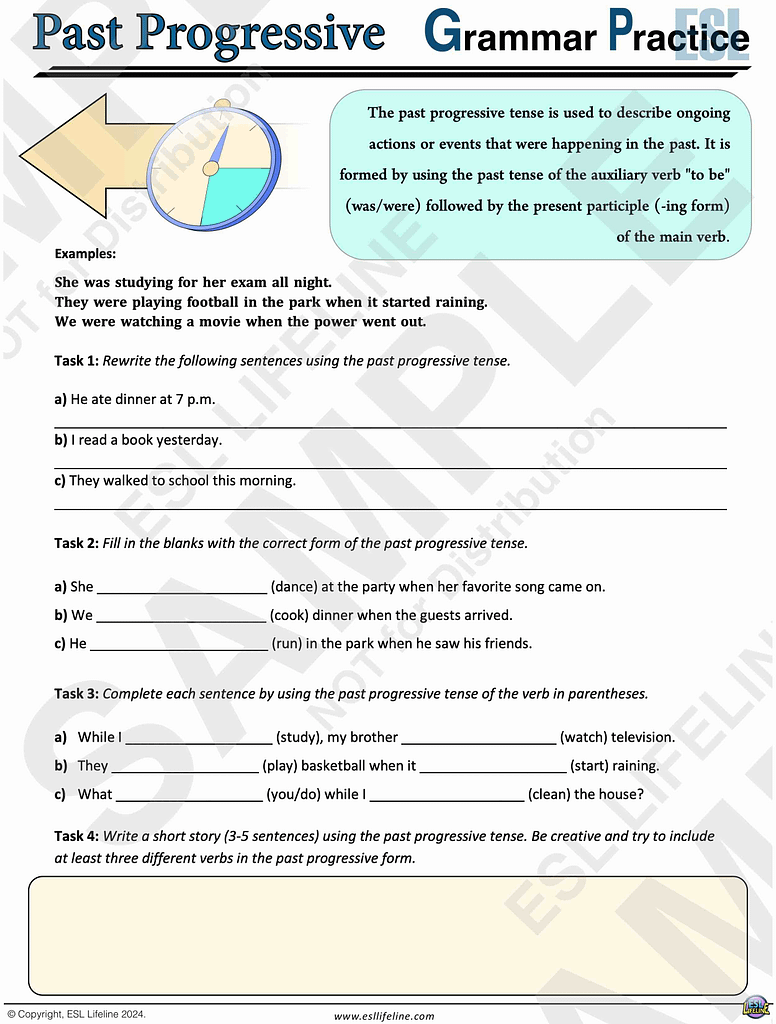Download this worksheet on the Past Progressive with 4 tasks for practicing this grammar point. 